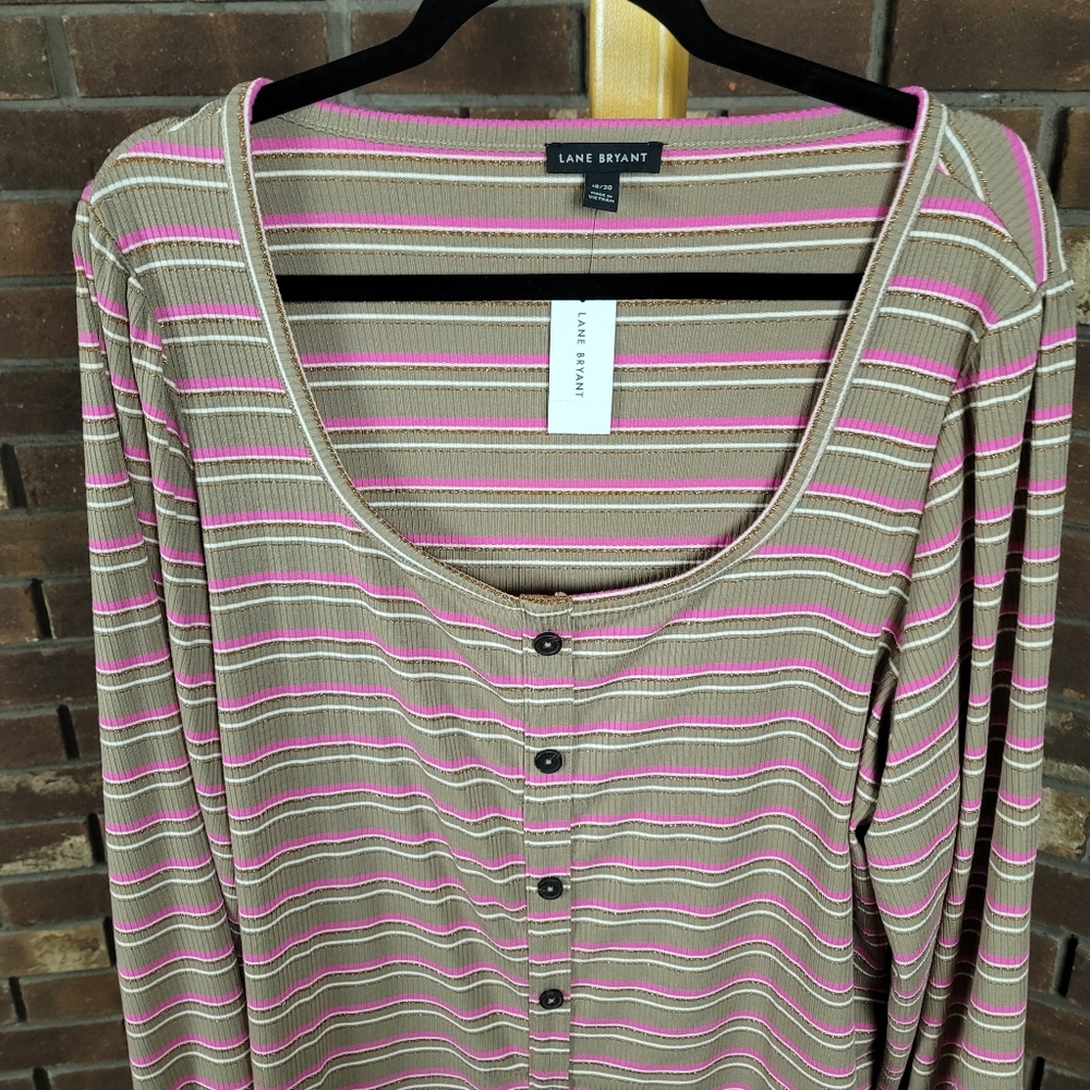 Lane Bryant mock button up scoop neck ribbed stripped cuffed stretch top
